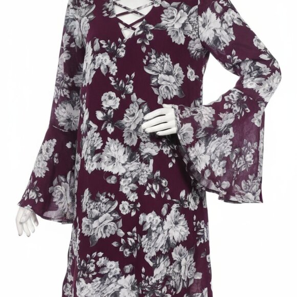 Boho Purple Floral V-Neck Shift Dress M Bell Sleeves Hippie Festival Style - Picture 14 of 14